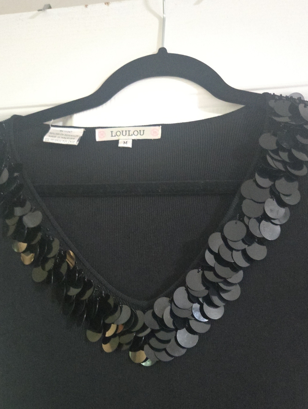 LOULOU Black Short Sleeve Sequin V-Neck Tee